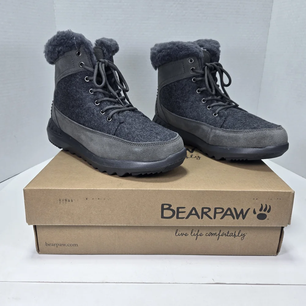 BearPaw Cheryl Charcoal Gray Lace-Up Boots with Fur Trim Women's Size 10